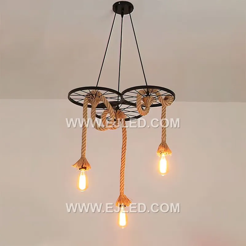 This two-lamp iron pendant, model RP0009, features a linear black bar from which two exposed E27 sockets suspend at differing heights, accented with decorative hemp rope. - view 2