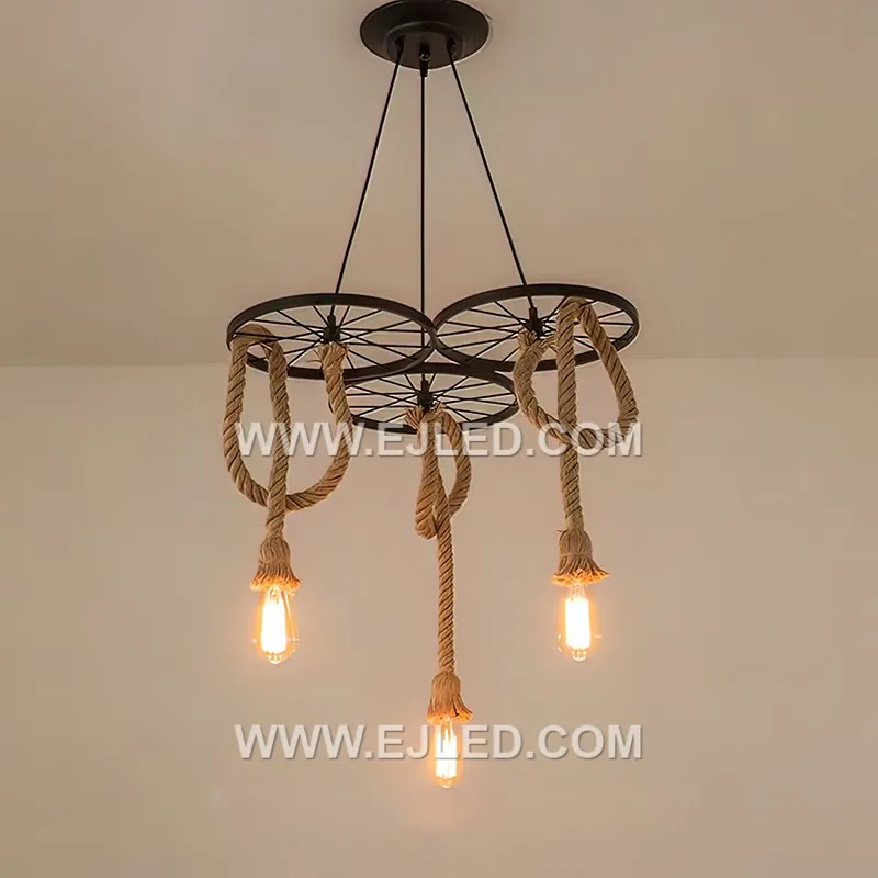 This two-lamp iron pendant, model RP0009, features a linear black bar from which two exposed E27 sockets suspend at differing heights, accented with decorative hemp rope. - view 3