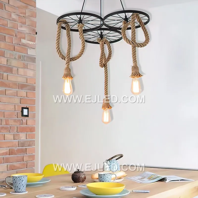 This two-lamp iron pendant, model RP0009, features a linear black bar from which two exposed E27 sockets suspend at differing heights, accented with decorative hemp rope. - view 4