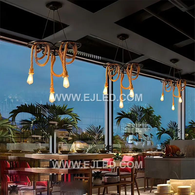 This two-lamp iron pendant, model RP0009, features a linear black bar from which two exposed E27 sockets suspend at differing heights, accented with decorative hemp rope. - view 5