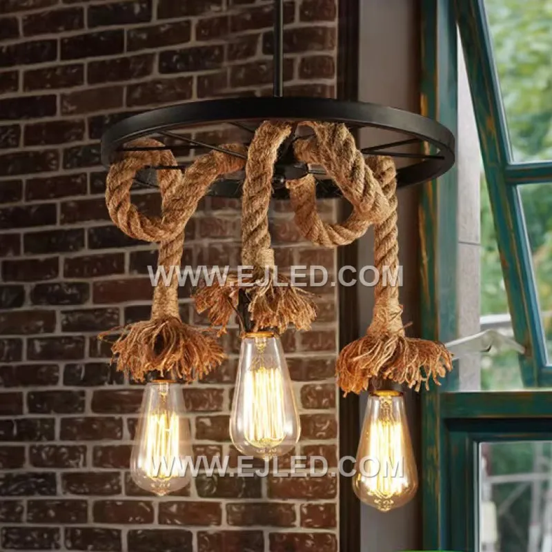The RP0012 pendant light features a single exposed lamp surrounded by a large, flat "wheel" shade entirely constructed from artfully twisted hemp rope. This design offers unhindered, omnidirectional illumination. - view 3