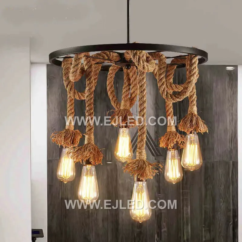 The RP0012 pendant light features a single exposed lamp surrounded by a large, flat "wheel" shade entirely constructed from artfully twisted hemp rope. This design offers unhindered, omnidirectional illumination. - view 5