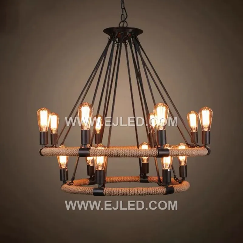 Constructed with an iron frame woven thoroughly in hemp rope, the RP0013 pendant is a bell-shaped enclosure for a single exposed E27 lamp. This creates a textured, diffused light effect. - view 3