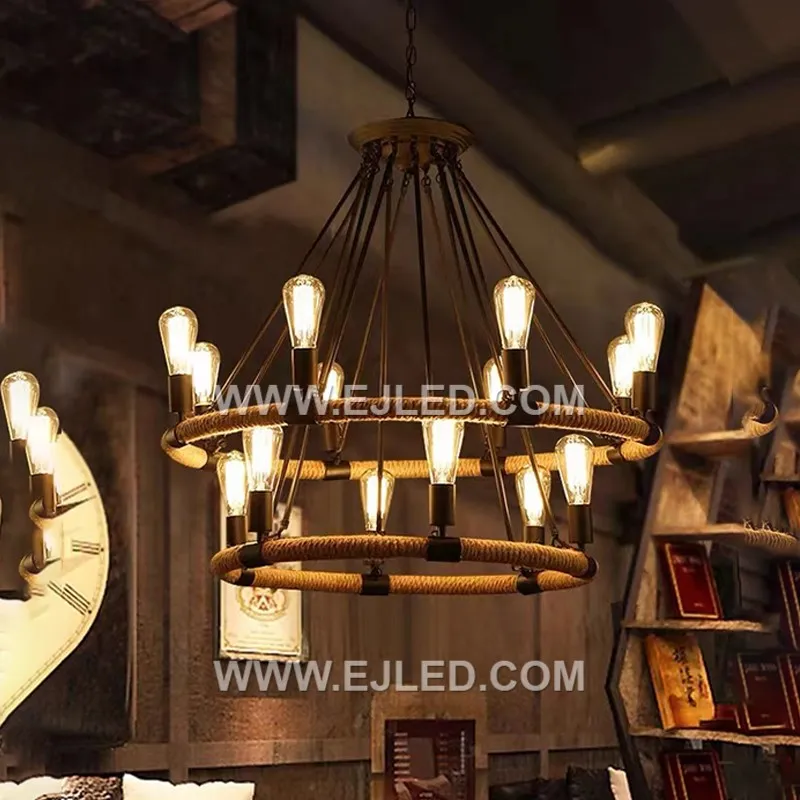 Zhongshan Factory Vintage Industrial Hemp Rope Ceiling Lamp Home Bar Restaurant Round Chandelier Decorative Night Light RP0013