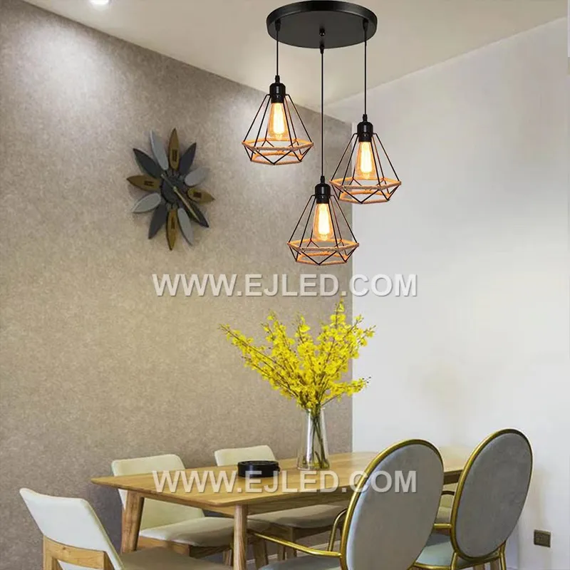 This cluster pendant, RP0015, features three individual black iron cages, each intricately wrapped in hemp rope, suspending at varied heights for a dynamic visual effect. - view 2