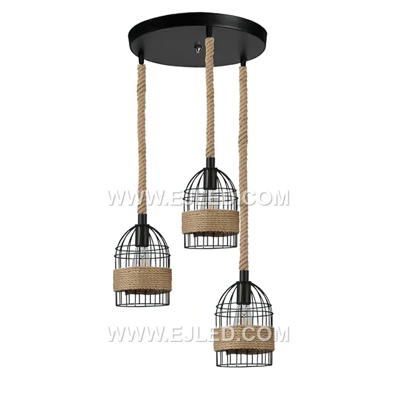 For a wide distribution of light, the RP0034 pendant features a black iron wire cage in an inverted bowl shape, housing a single lamp, suspended by a rope-accented cable. - view 2