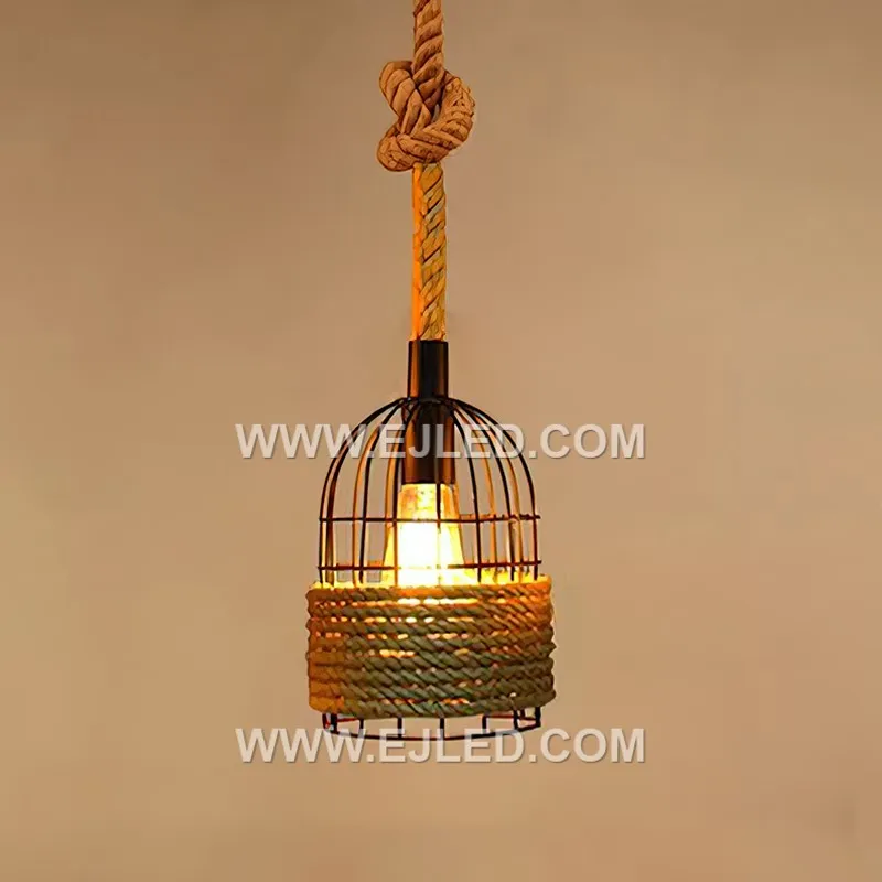 Vintage Cage Pendant Light Basket Iron Craft Sling Rope Chandelier Lights Stand Lamps Retro Pendant for Kitchen RP0034