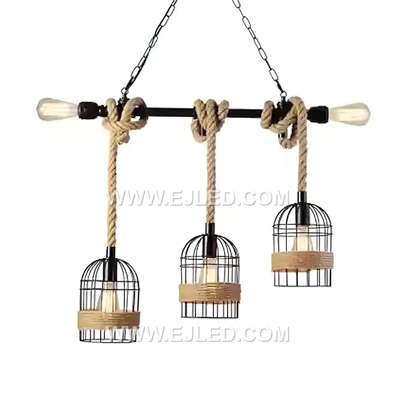 A round hemp rope pendant, the RP0035 features a single lamp enclosed by an iron wire frame. Its texture and medium size make it suitable for accent lighting in cozy spaces or grouped over a counter.