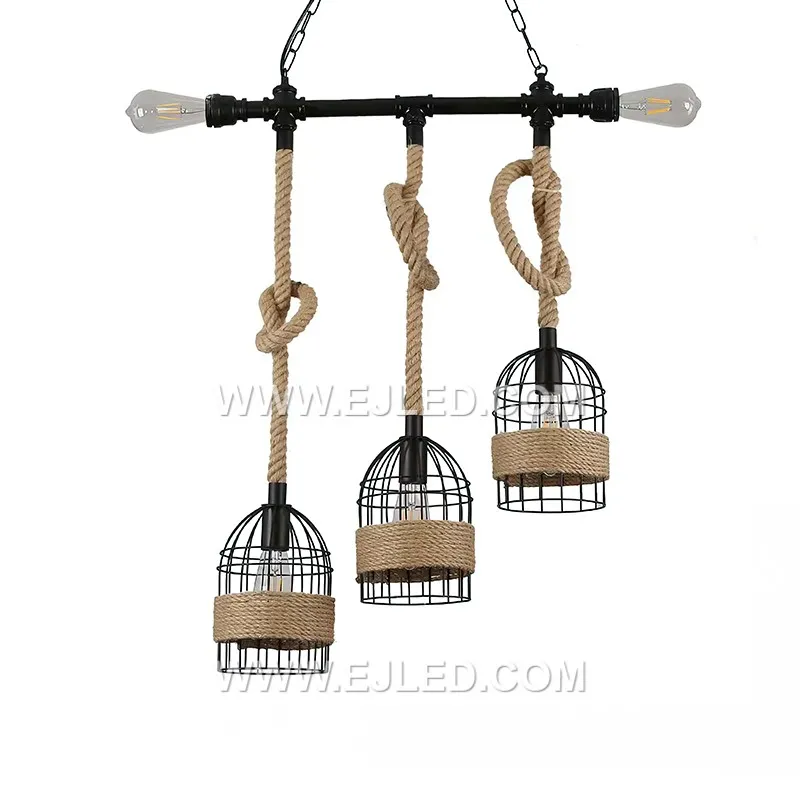 A round hemp rope pendant, the RP0035 features a single lamp enclosed by an iron wire frame. Its texture and medium size make it suitable for accent lighting in cozy spaces or grouped over a counter. - view 2