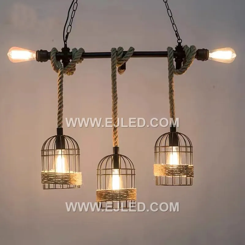 A round hemp rope pendant, the RP0035 features a single lamp enclosed by an iron wire frame. Its texture and medium size make it suitable for accent lighting in cozy spaces or grouped over a counter. - view 3
