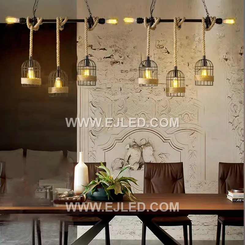 A round hemp rope pendant, the RP0035 features a single lamp enclosed by an iron wire frame. Its texture and medium size make it suitable for accent lighting in cozy spaces or grouped over a counter. - view 4
