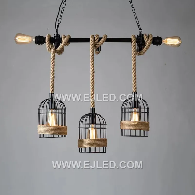 A round hemp rope pendant, the RP0035 features a single lamp enclosed by an iron wire frame. Its texture and medium size make it suitable for accent lighting in cozy spaces or grouped over a counter. - view 5