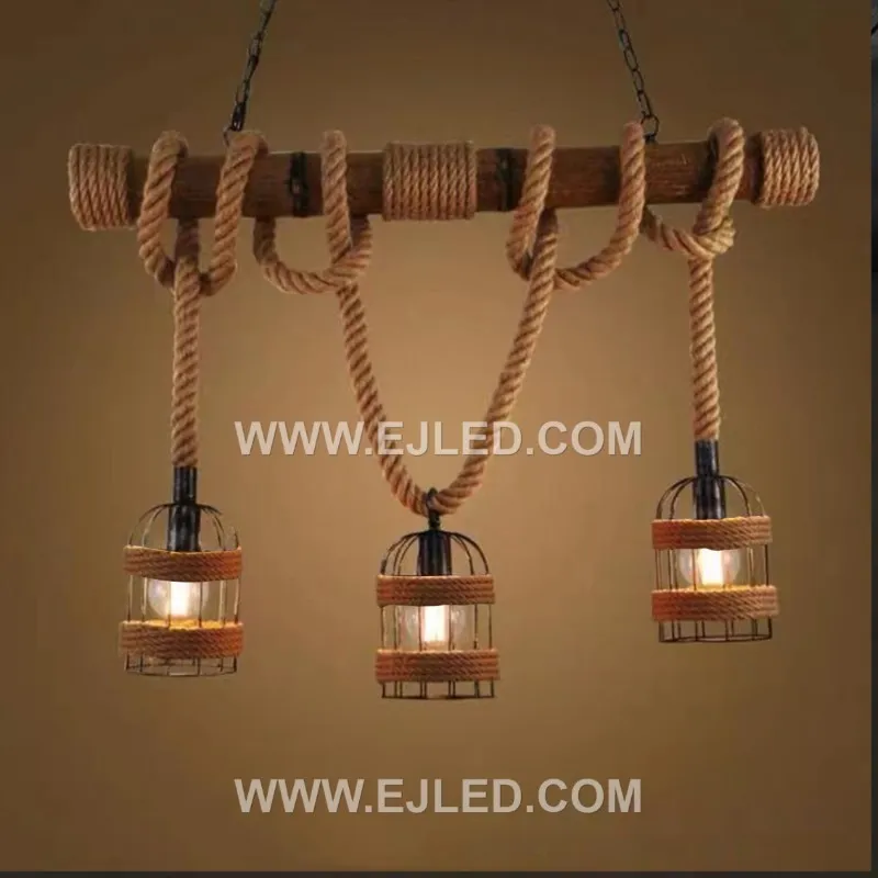 Zhongshan Hemp Rope with Bamboo Handmade Pendant Light Metal Wire Cage Chandelier Vintage Retro Light Fixture for Kitchen RP0036