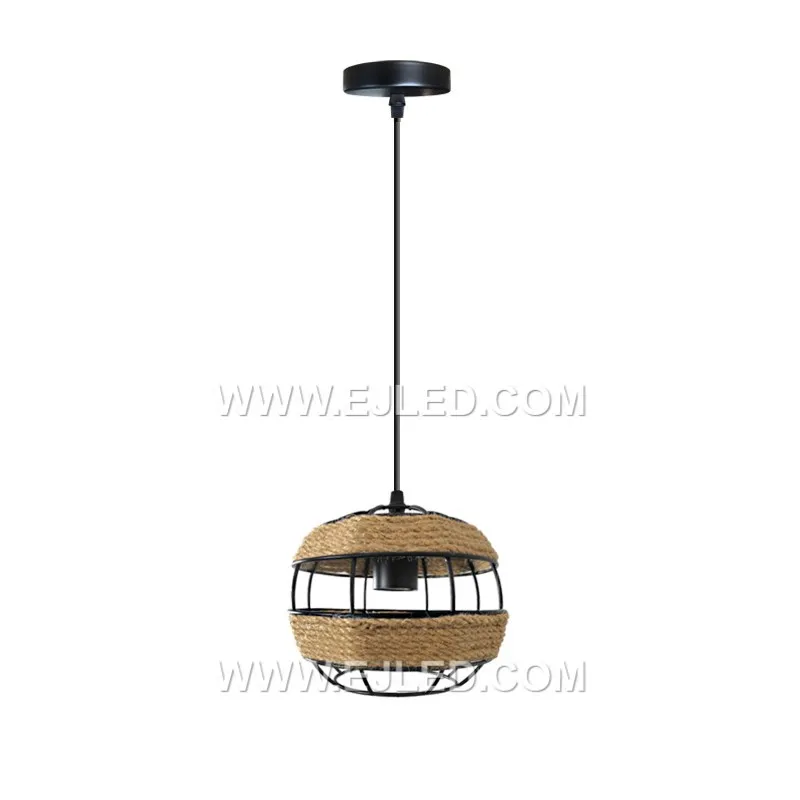 A perfect sphere, the RP0037 pendant is formed by natural hemp rope tightly wrapped around an iron frame. This single-lamp fixture offers fully diffused light and a substantial presence for various ceiling heights.