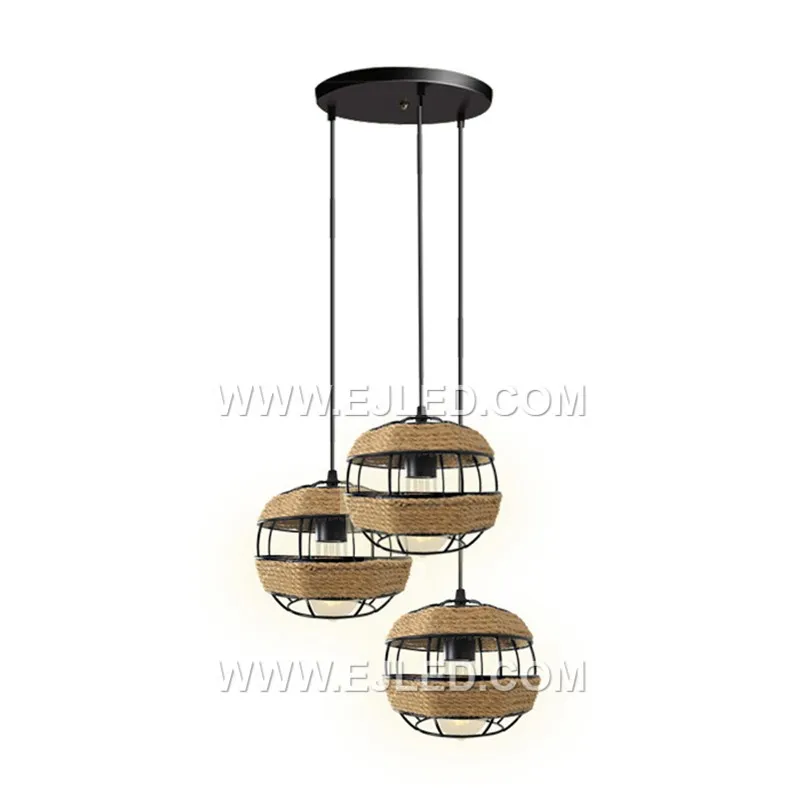 A perfect sphere, the RP0037 pendant is formed by natural hemp rope tightly wrapped around an iron frame. This single-lamp fixture offers fully diffused light and a substantial presence for various ceiling heights. - view 2