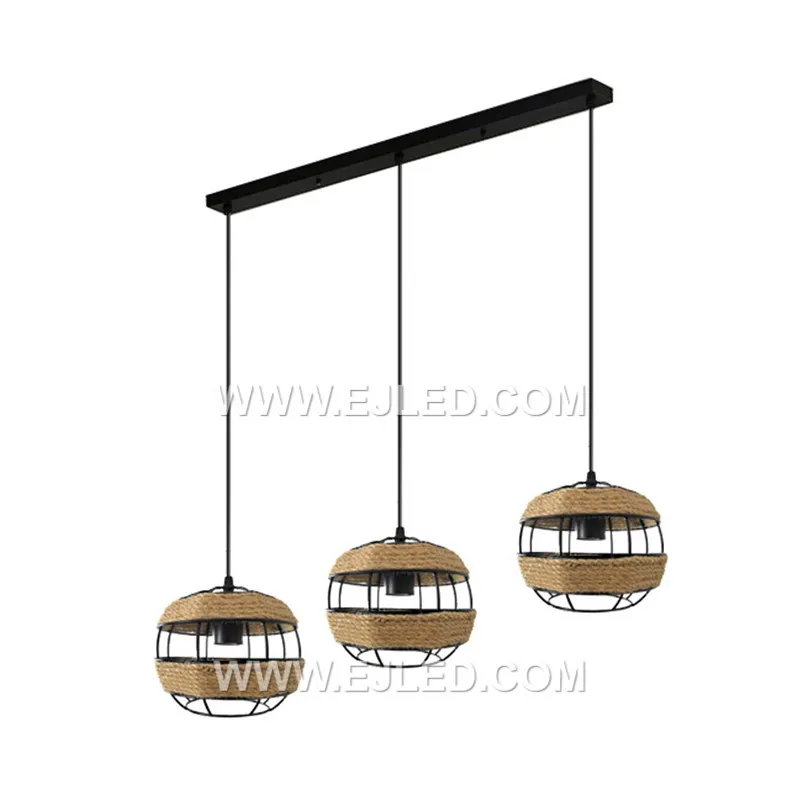 A perfect sphere, the RP0037 pendant is formed by natural hemp rope tightly wrapped around an iron frame. This single-lamp fixture offers fully diffused light and a substantial presence for various ceiling heights. - view 3