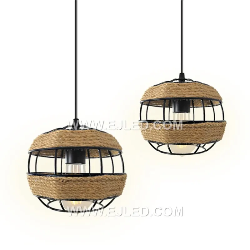 A perfect sphere, the RP0037 pendant is formed by natural hemp rope tightly wrapped around an iron frame. This single-lamp fixture offers fully diffused light and a substantial presence for various ceiling heights. - view 5