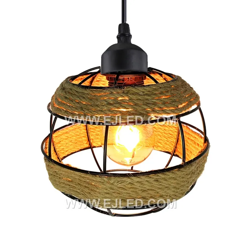 Ball Hemp Rope Pendant light Metal Wire Cage Lighting Fixtures with E26 E27 Socket America Vintage Retro Chandelier RP0037