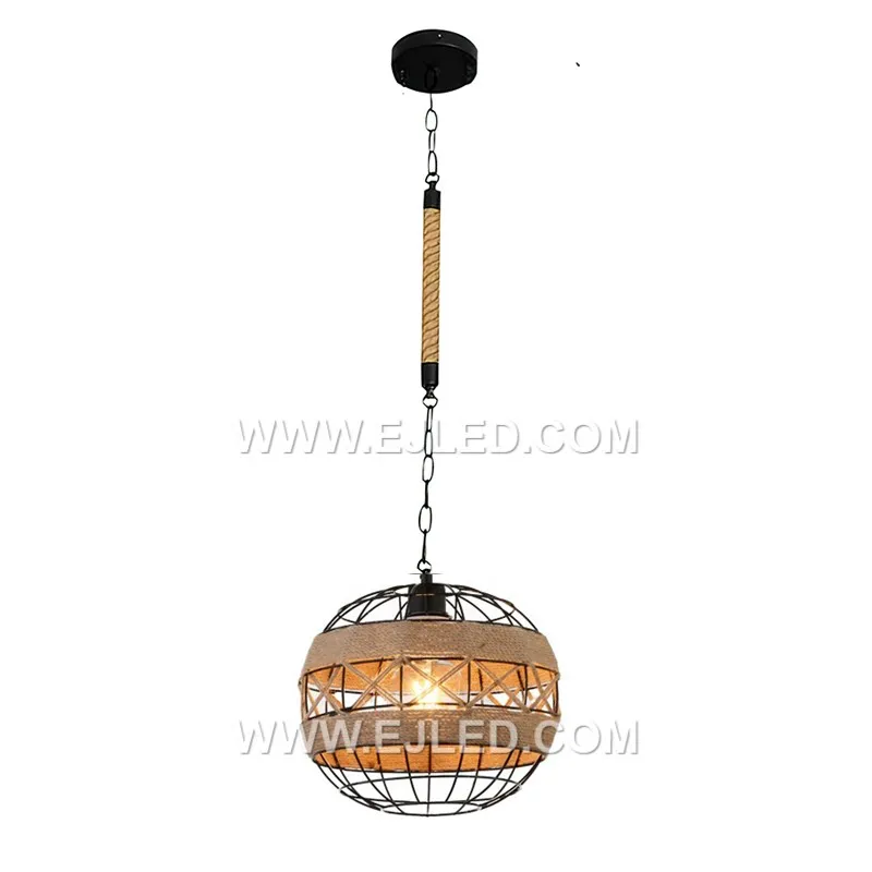 The RP0040 is a spherical pendant, crafted with a fabric or fine rope shade over an iron frame. Its single lamp and chain suspension make it suitable for various hospitality or residential settings.
