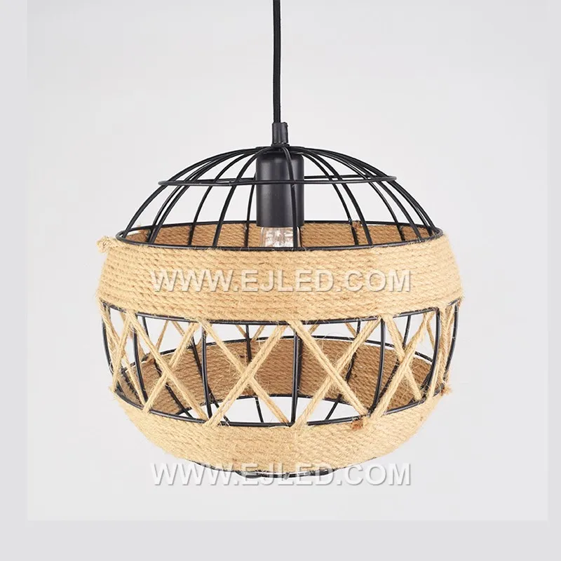 The RP0040 is a spherical pendant, crafted with a fabric or fine rope shade over an iron frame. Its single lamp and chain suspension make it suitable for various hospitality or residential settings. - view 2