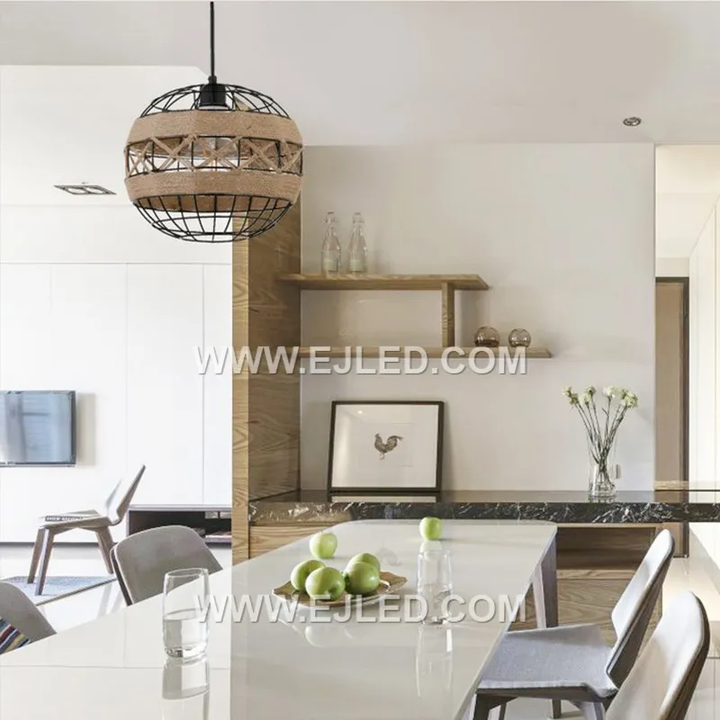 The RP0040 is a spherical pendant, crafted with a fabric or fine rope shade over an iron frame. Its single lamp and chain suspension make it suitable for various hospitality or residential settings. - view 6