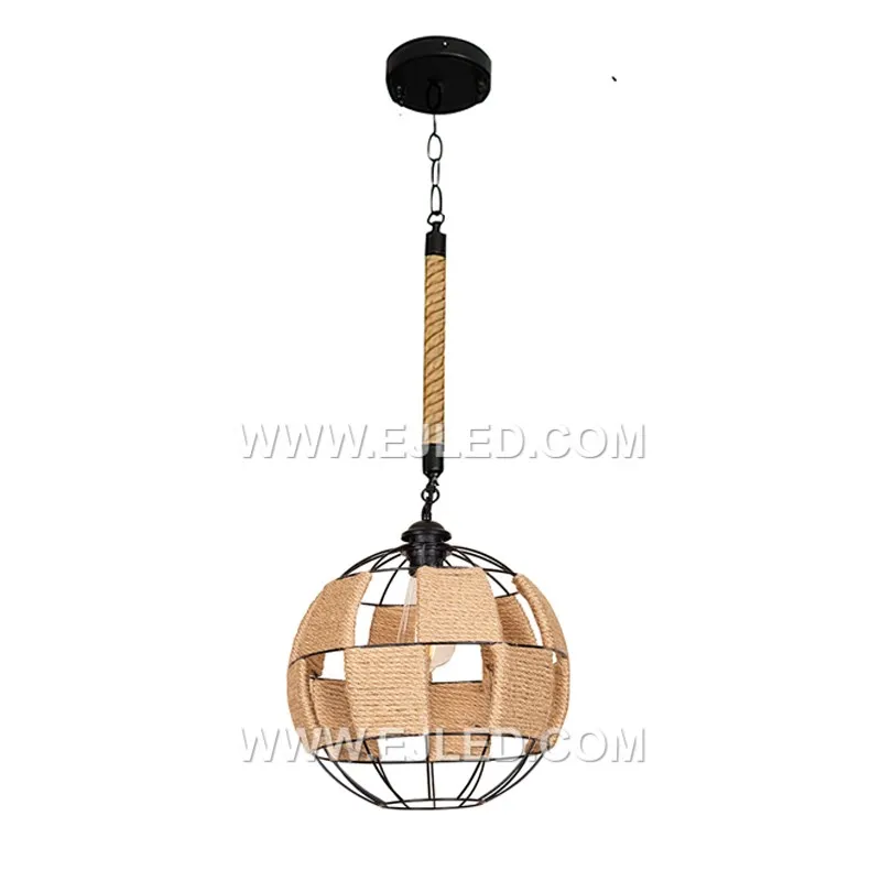 The RP0041 pendant light features a robust internal iron frame, powder-coated in black, which provides a strong base for its hand-woven natural hemp rope shade. This design offers diffused, ambient illumination from a single lamp.