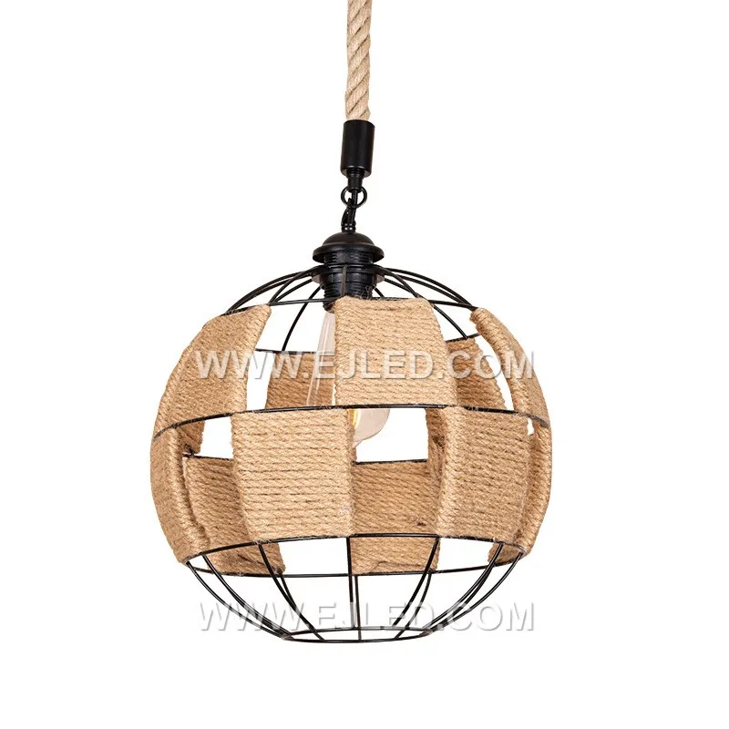 The RP0041 pendant light features a robust internal iron frame, powder-coated in black, which provides a strong base for its hand-woven natural hemp rope shade. This design offers diffused, ambient illumination from a single lamp. - view 2
