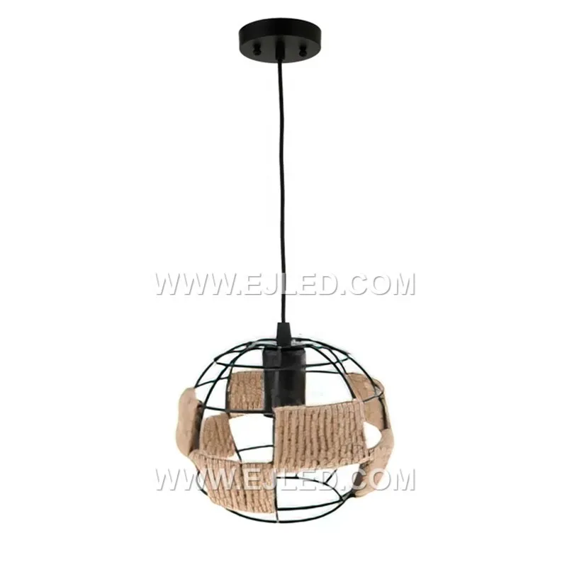 The RP0041 pendant light features a robust internal iron frame, powder-coated in black, which provides a strong base for its hand-woven natural hemp rope shade. This design offers diffused, ambient illumination from a single lamp. - view 3