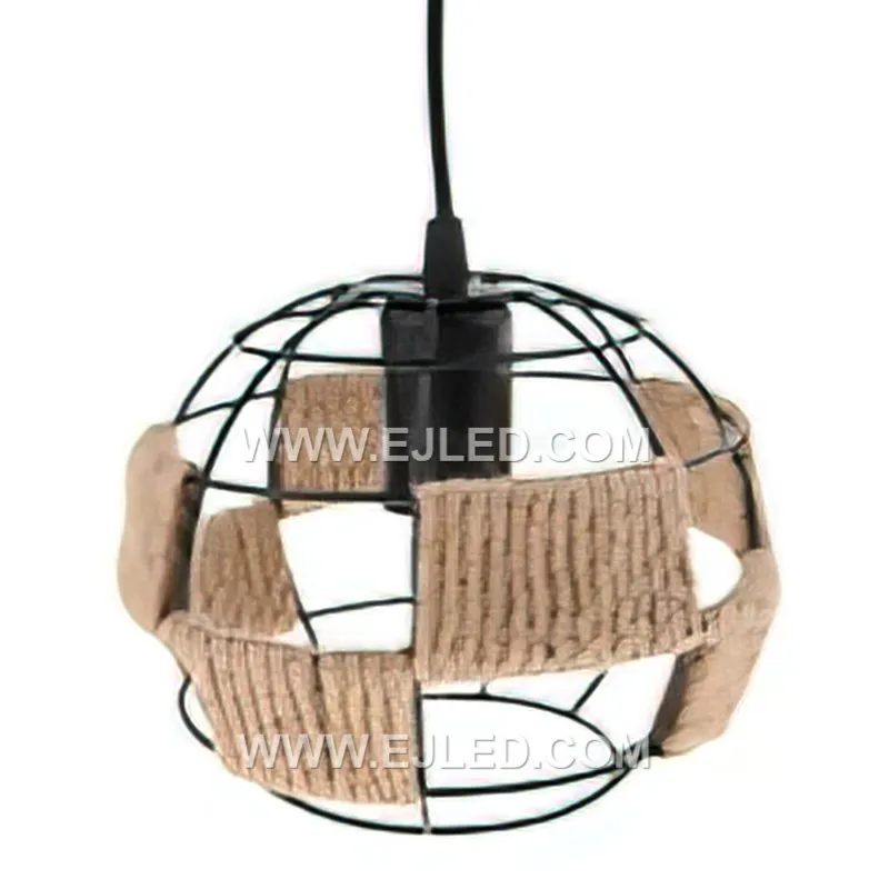 The RP0041 pendant light features a robust internal iron frame, powder-coated in black, which provides a strong base for its hand-woven natural hemp rope shade. This design offers diffused, ambient illumination from a single lamp. - view 4