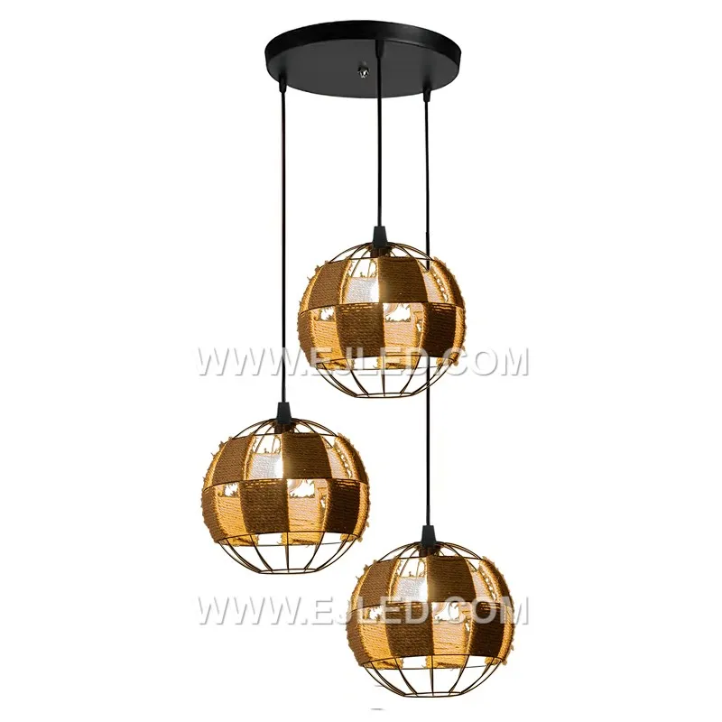 The RP0041 pendant light features a robust internal iron frame, powder-coated in black, which provides a strong base for its hand-woven natural hemp rope shade. This design offers diffused, ambient illumination from a single lamp. - view 5