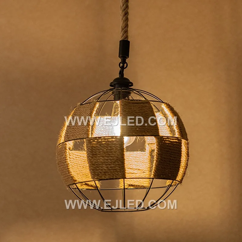 The RP0041 pendant light features a robust internal iron frame, powder-coated in black, which provides a strong base for its hand-woven natural hemp rope shade. This design offers diffused, ambient illumination from a single lamp. - view 6