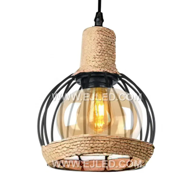 The RP0043 pendant light is a compact round fixture with a dark metal cage enclosing a clear glass globe, detailed with hemp rope. Its modest proportions are suitable for accent lighting or smaller spaces.
