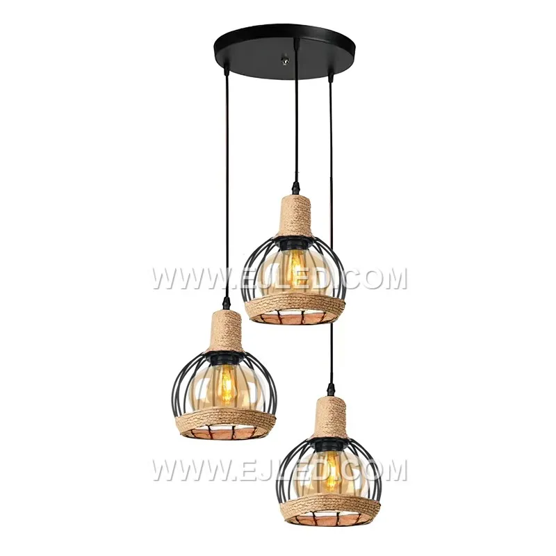 The RP0043 pendant light is a compact round fixture with a dark metal cage enclosing a clear glass globe, detailed with hemp rope. Its modest proportions are suitable for accent lighting or smaller spaces. - view 2