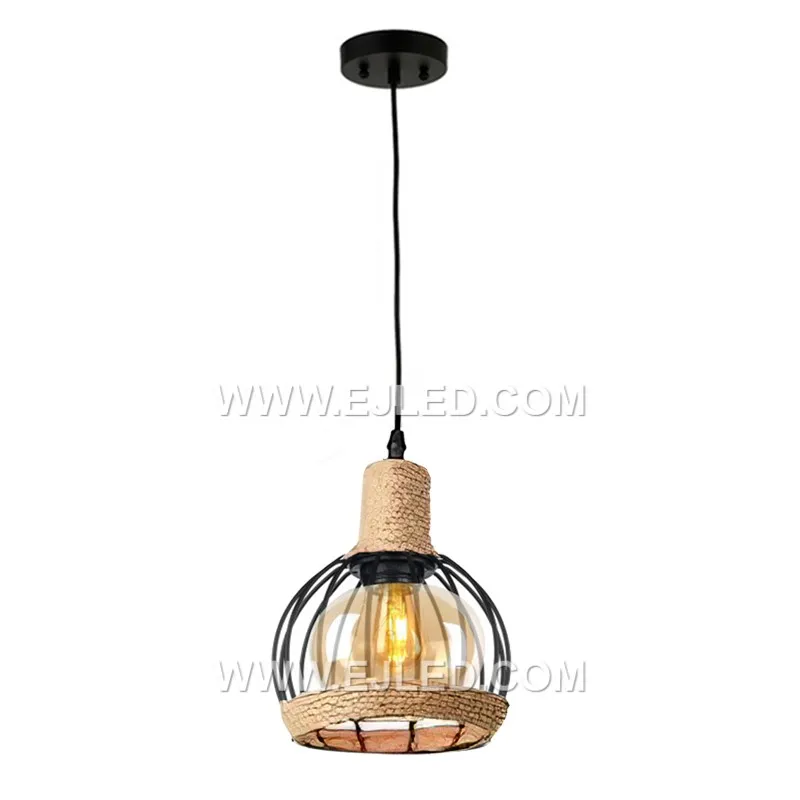 Retro Iron Chandelier Cage with Glass shade Hemp Rope Hanging Antique Industrial Adjustable Lamp Vintage Pendant Light RP0043