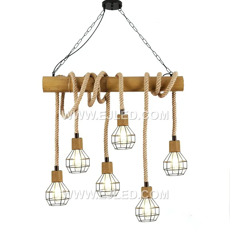 The RP0046 is a distinctive barrel-shaped pendant light, expertly crafted from thin, dark bamboo strips arranged vertically around a metal frame. Its open slatted design provides widespread ambient illumination.