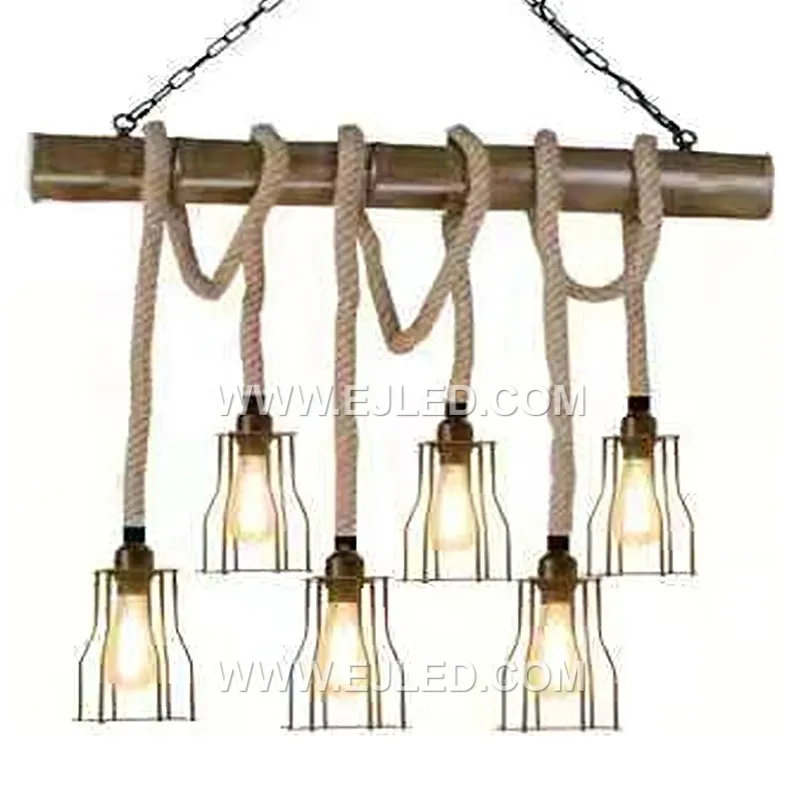 2022 Hot selling Chandelier Hemp Rope Pendant Light with Long Bamboo Metal Wire Cage Lighting Fixture for Decor RP0046