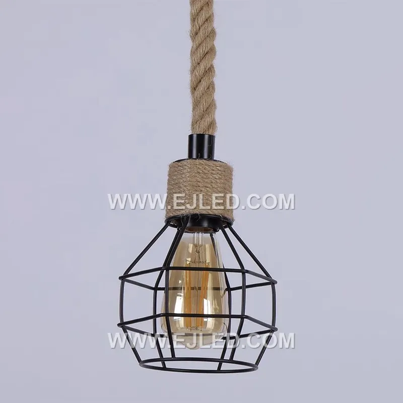 Visible hemp rope wraps the open black iron frame of this basket-shaped pendant. It offers diffuse illumination from a single exposed bulb, creating a rustic and textured lighting element suitable for various spaces. - view 2