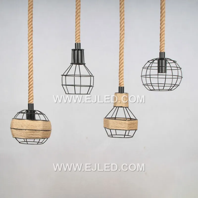 Factory Wholesale Basket Lamp Resin Pendant Lights Black Modern Hemp Rope Lamps For Living Room Study Lights Lustre RP0048