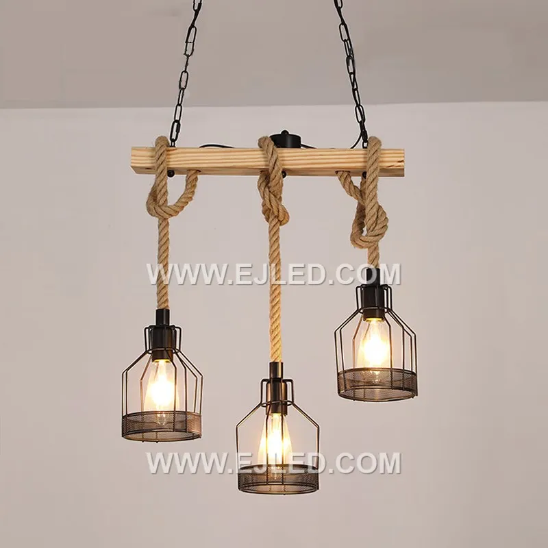 Natural hemp rope is tightly woven around a visible cylindrical wooden frame, forming an enclosed shade. This single-lamp pendant provides a warm, filtered glow, emphasizing natural textures and a rustic aesthetic. - view 3
