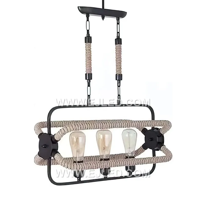 A rectangular black iron frame, wrapped in natural hemp rope, defines this three-lamp pendant. Its open bottom provides direct downward light, making it suitable for task lighting over tables or counters.