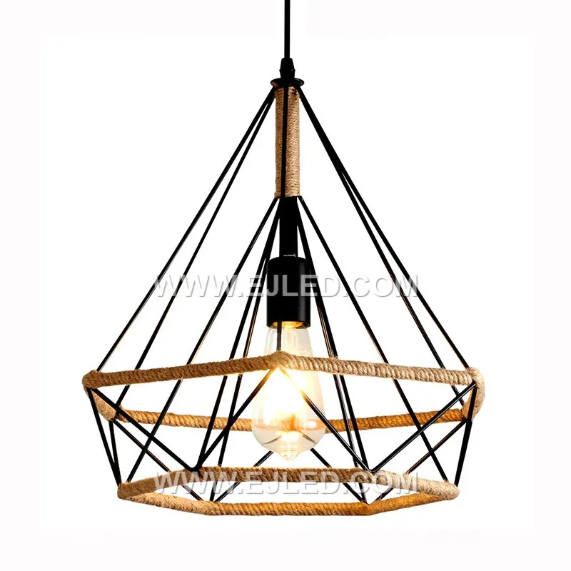 The RP0052 is a pyramid-shaped pendant with an open black iron frame wrapped in natural hemp rope. Its design ensures an unhindered spread of light from a single exposed bulb, ideal for accent lighting.