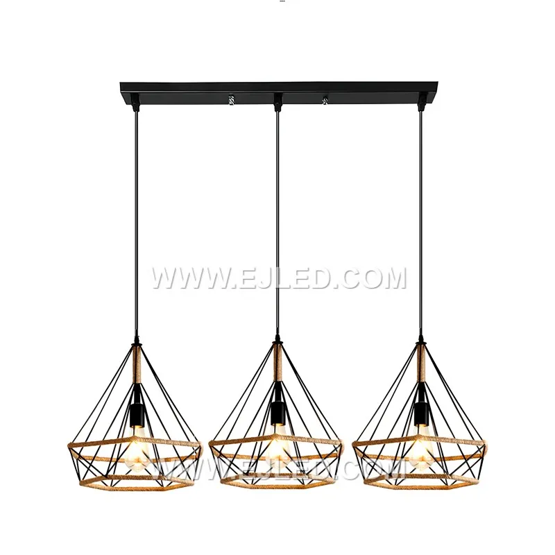 The RP0052 is a pyramid-shaped pendant with an open black iron frame wrapped in natural hemp rope. Its design ensures an unhindered spread of light from a single exposed bulb, ideal for accent lighting. - view 2