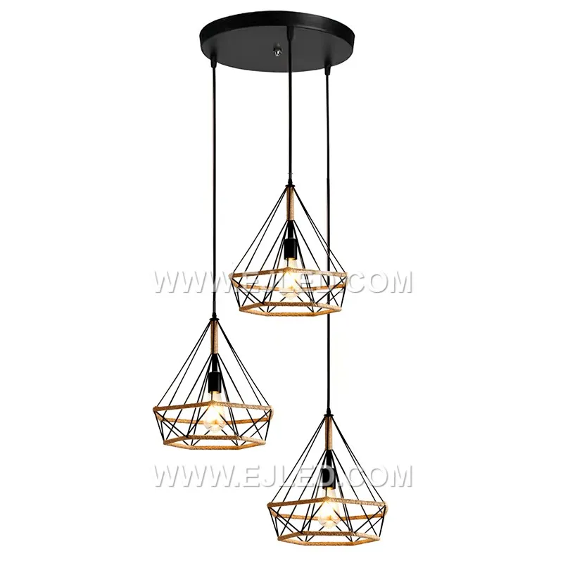 The RP0052 is a pyramid-shaped pendant with an open black iron frame wrapped in natural hemp rope. Its design ensures an unhindered spread of light from a single exposed bulb, ideal for accent lighting. - view 3