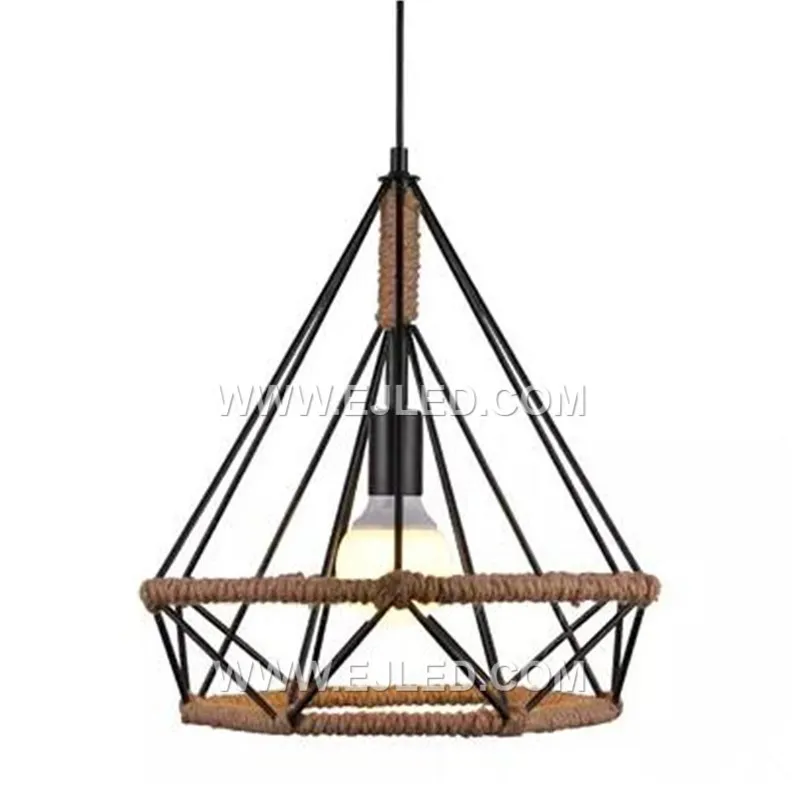 The RP0052 is a pyramid-shaped pendant with an open black iron frame wrapped in natural hemp rope. Its design ensures an unhindered spread of light from a single exposed bulb, ideal for accent lighting. - view 4
