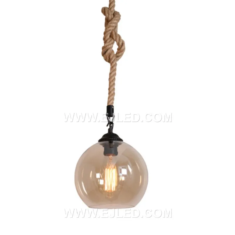 Clear glass forms a spherical shade for this single-lamp pendant, accented by a band of natural hemp rope. The visible bulb offers bright, omnidirectional light, suitable for smaller spaces or clustered arrangements.