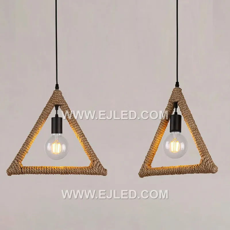The RP0055 is a clear glass pendant light partially encased in a woven hemp rope, forming a distinctive triangular pattern. This fixture offers a rustic yet refined aesthetic, providing diffused light suitable for cafes, lounges, or accent lighting in homes. - view 5