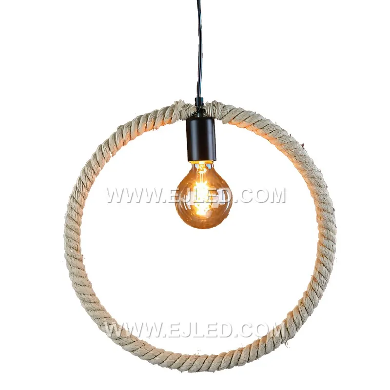 This round hemp rope pendant, RP0056, features a drum-shaped shade tightly woven around a black metal frame. Its open base projects a focused downward light, making it suitable for dining areas or task lighting.