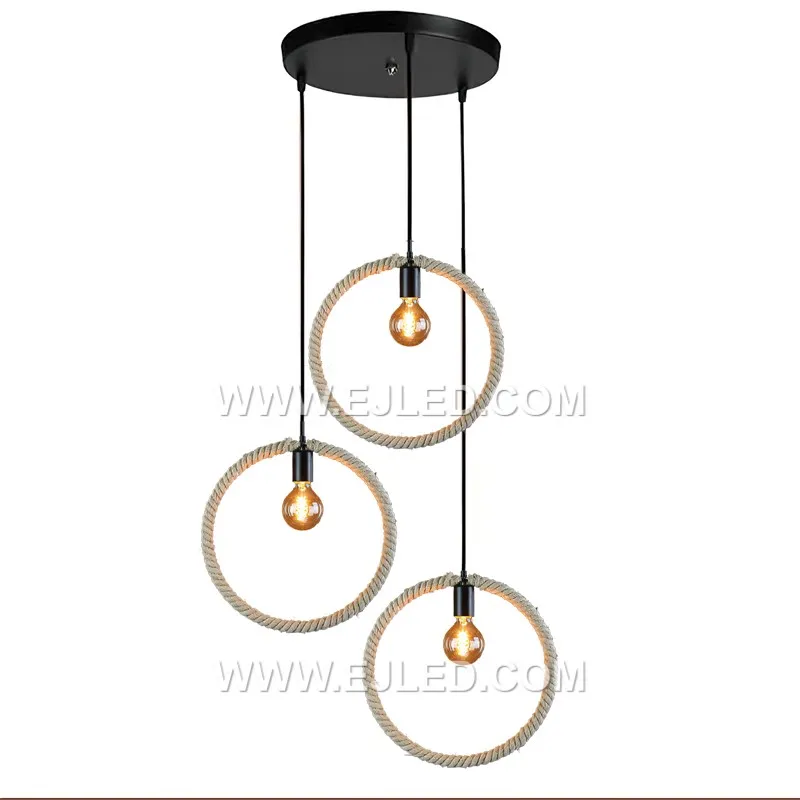 This round hemp rope pendant, RP0056, features a drum-shaped shade tightly woven around a black metal frame. Its open base projects a focused downward light, making it suitable for dining areas or task lighting. - view 2