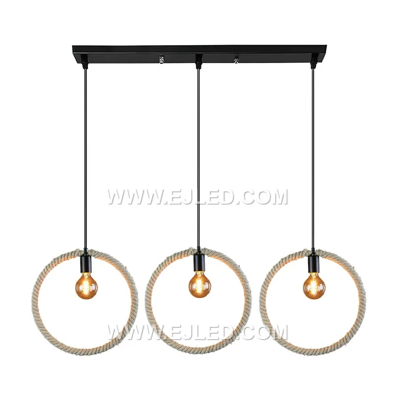 This round hemp rope pendant, RP0056, features a drum-shaped shade tightly woven around a black metal frame. Its open base projects a focused downward light, making it suitable for dining areas or task lighting. - view 3