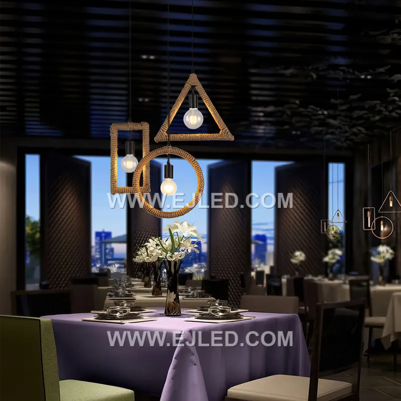 This round hemp rope pendant, RP0056, features a drum-shaped shade tightly woven around a black metal frame. Its open base projects a focused downward light, making it suitable for dining areas or task lighting. - view 5